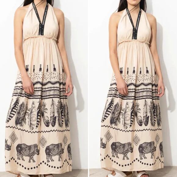 Dixie Open Back Halter Top Maxi Dress Feather Print Small - Picture 2 of 9